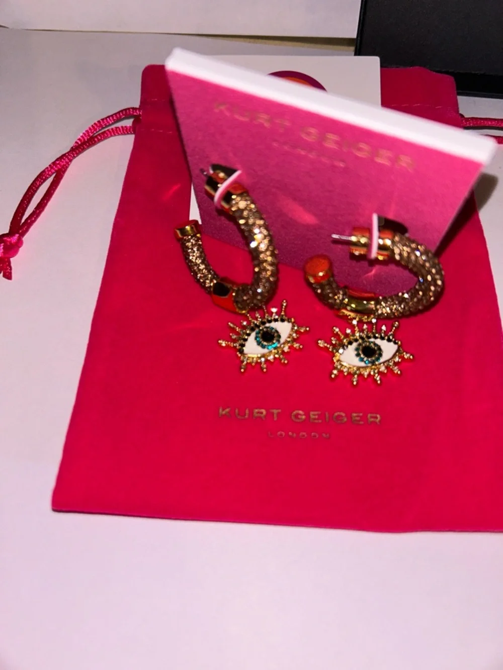 KURT GEIGER LONDON EVIL EYE CHARM PAVÉ GOLD CRYSTAL DANGLE HOOP EARRINGS  NWT - Picture 3 of 6